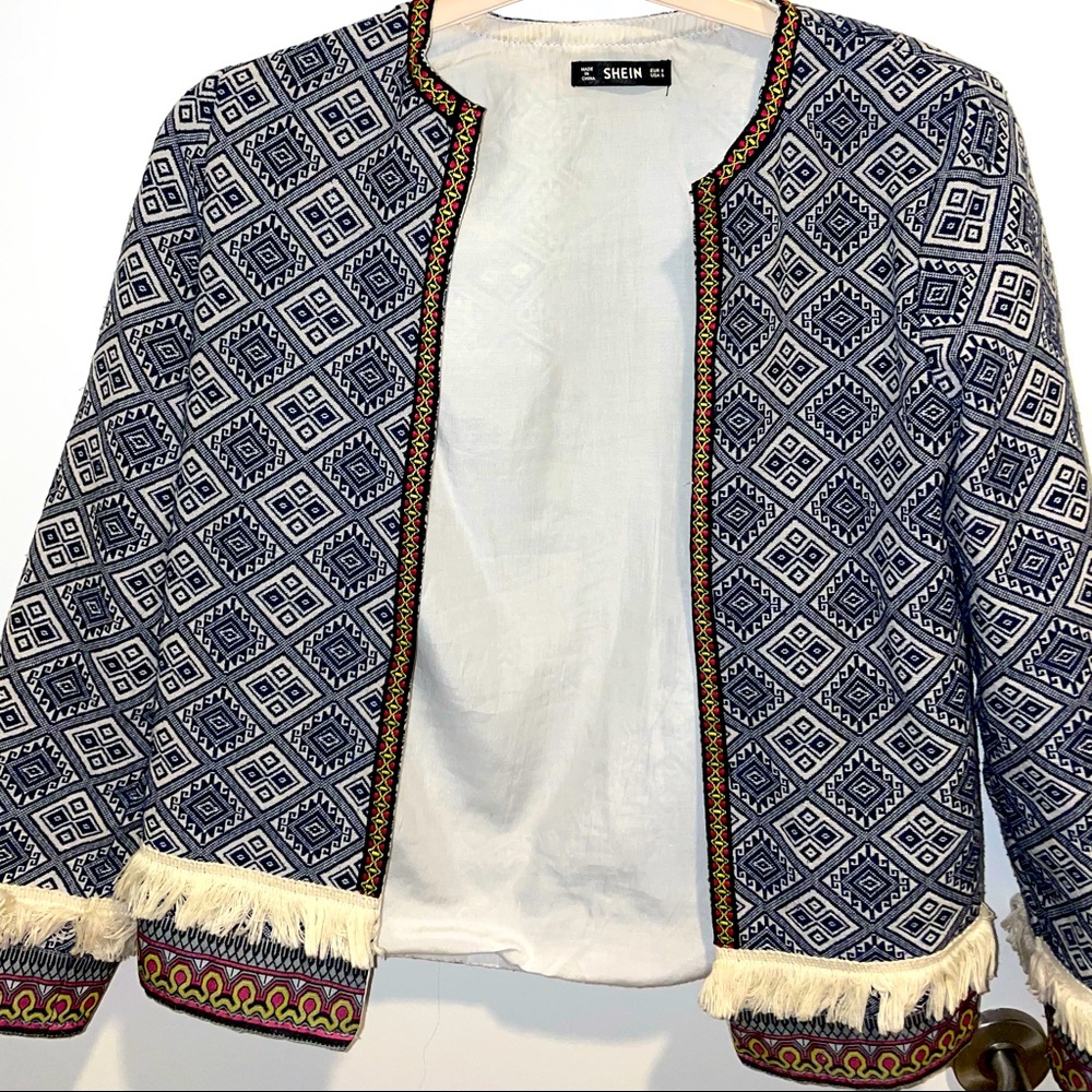 SHEIN Multi-colored blue shein jacket with fringe sleeves in small